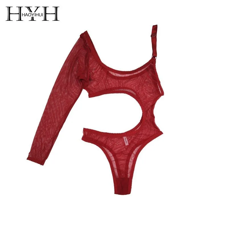 

HYH Haoyihui Europe And America Sexy Geometric Hollow Perspective Asymmetry Thin Section Siamese Appeal Red Mesh Underwea