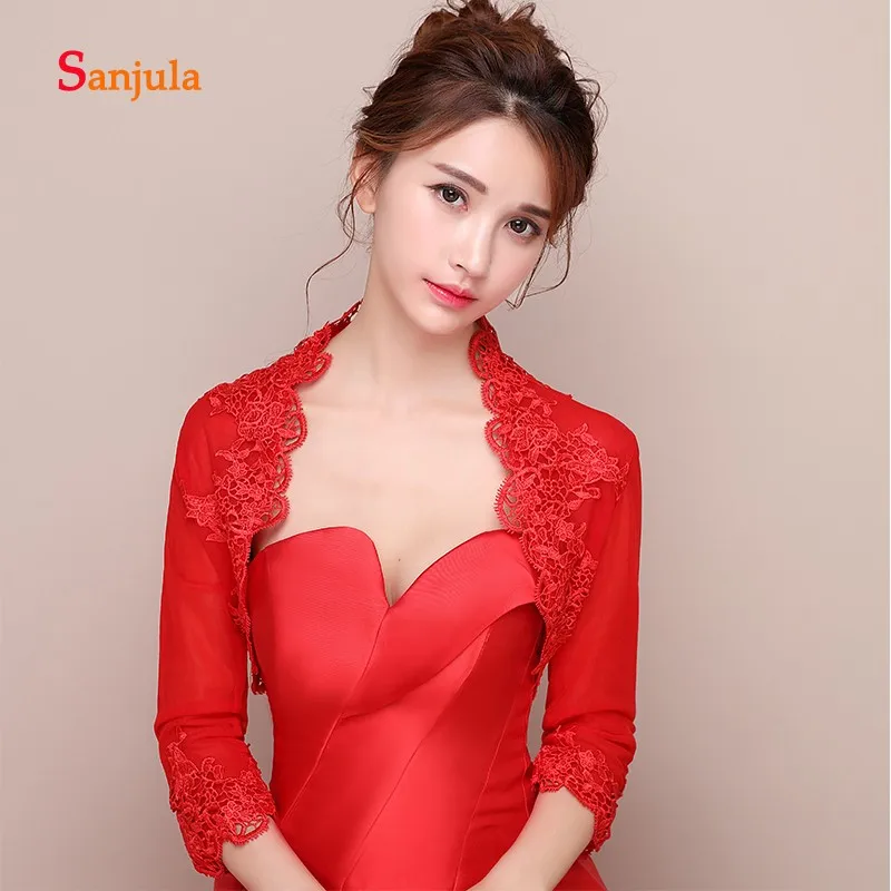 

Three Quarter Sleeve Red Wedding Jacket/ Wraps Bride Lace Shawl Elegant Women Evening Capes Ivory bolero femme W30