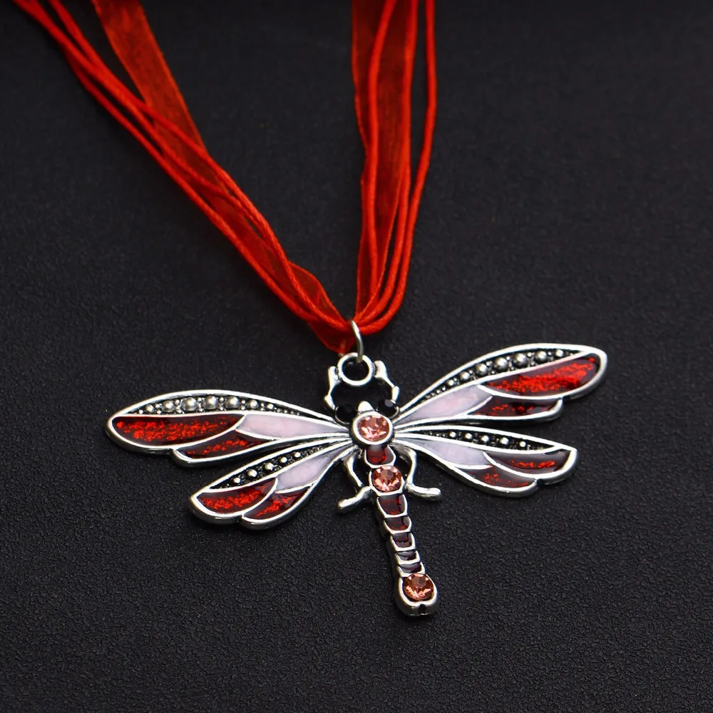 Retro Silver Dragonfly Crystal Pendant Long Sweater Chain Rhinestone Necklace 