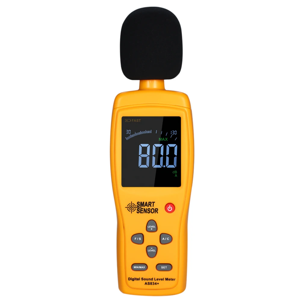 

SMART SENSOR AS834+ Digital Sound Level Meter Digital 30-130dB Noise Volume Measuring Instrument Decibel Monitoring Tester