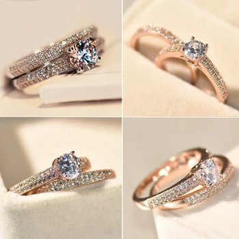 

Brand Female Small Round Ring Set Zircon Ring Fashion White/Rose Gold Filled Jewelry Promise Engagement Rings For Women