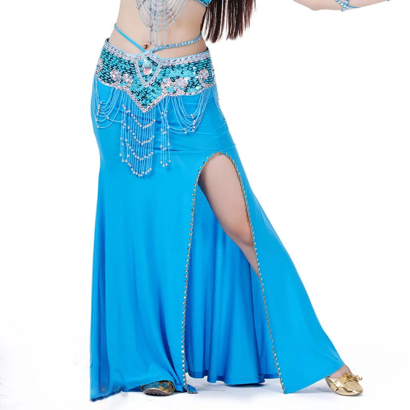 Black Belly Dance Skirts 2-Slit High Quality Crystal Cotton Sequins Skirt For Women Bellydance Long Skirt Oriental Dance Wear Black Belly Dance Skirts 2-Slit High Quality Crystal Cotton Sequins Skirt For Women Bellydance Long Skirt Oriental Dance Wear