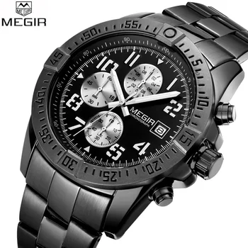 

Top Luxury Brand MEGIR Watches Men Black Stainless Steel Quartz-watch Mens Sports Watch Chronograph Clock Male Relogio Masculino