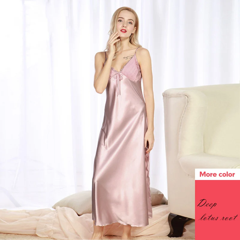 Pink Женское платье для сна, летнее ночное сексуальное платье, атласная женская ночная рубашка без рукавов, кружевная юбка для сна, юбка для сна из искусственного шелка - Цвет: Pink