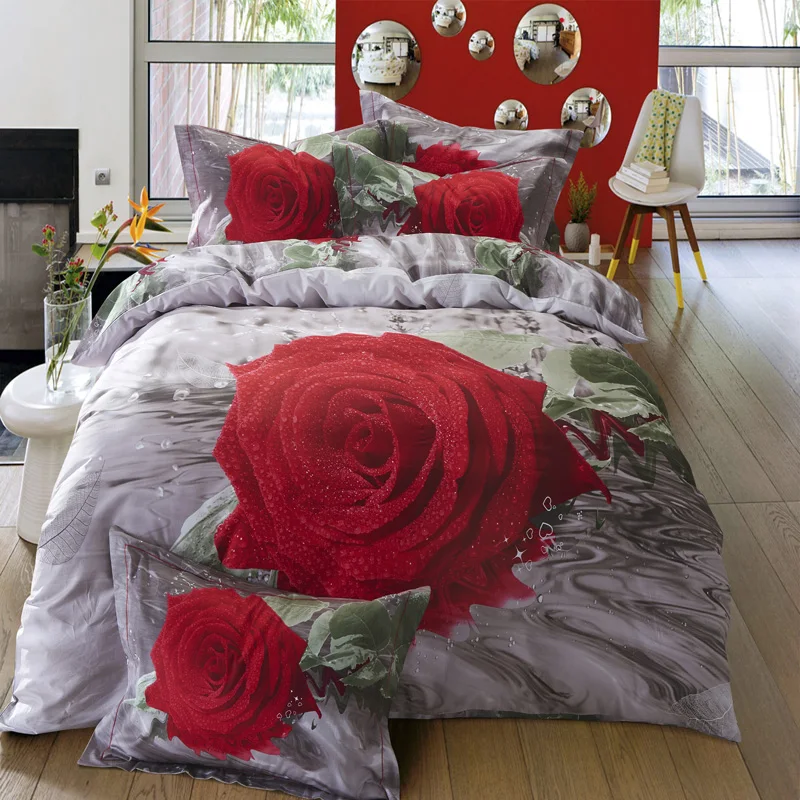 100% cotton 3D Big Rose Flowers Oil Painting Bedding Set Queen/King Size Bed sets Bedclothes Bed line Wedding Decoration