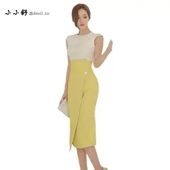 

2 Piece Set Summer White Sleeveless Sundress Bandage Vintage Sexy Yellow Asymmetrical Dresses For Womens 2017 Vestidos De Festa