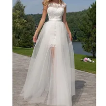 High Low Backless Lace Wedding Dress with Detachable Train 2017 Removable Skirt Short Cap Sleeve Bridal Gowns Custom Made Garden
