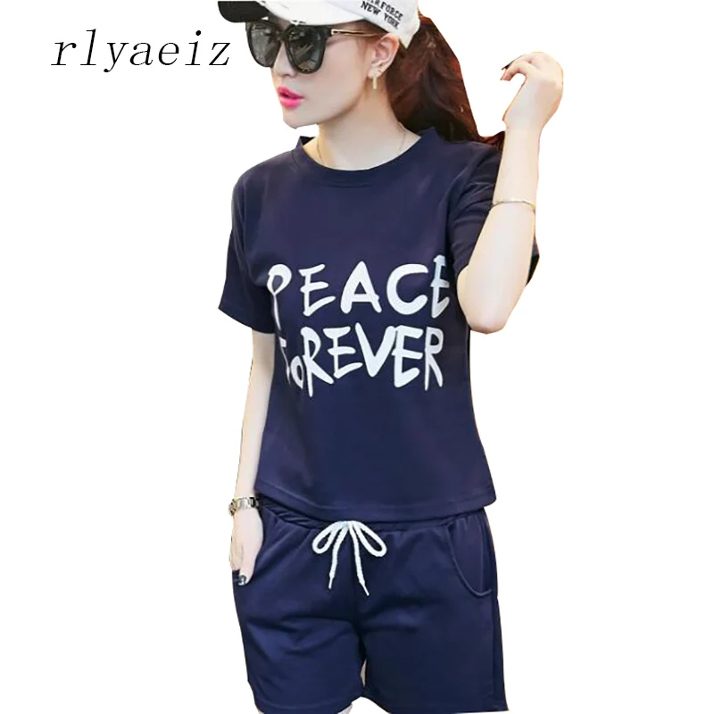 

RLYAEIZ Hot 2 Piece Set Women Letter Printed Short Sleeve T shirt + Shorts 2017 Summer Ladies Tracksuits Casual Sporting Suits