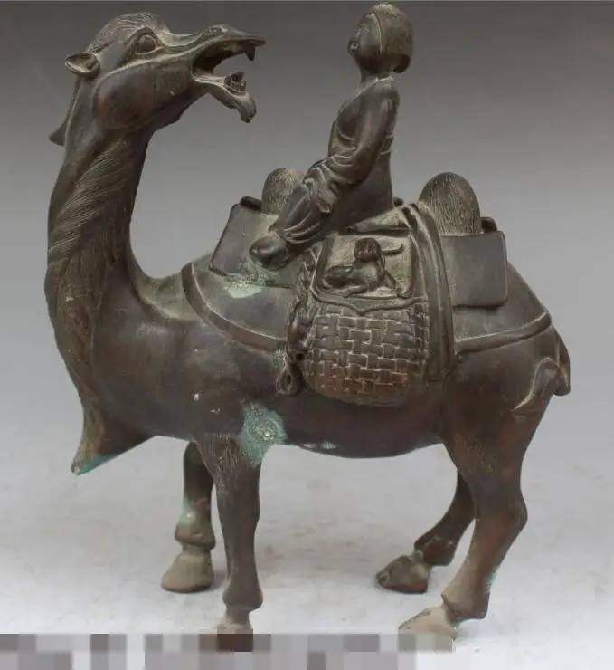 

S3397 9" Old Chinese Fengshui Folk Bronze Belle Woman Ride Camel llama Animal Statue