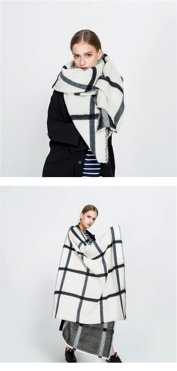 Mingjiebihuo осенне-зимний черно-белый двусторонний Шарф бежевый клетчатый шарф теплая Модная шаль для женщин и девочек