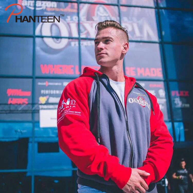 

Phanteen Winter Fitness Exercise Musclebuilding Men's Long Sleeve Short Cotton Warm With Zip Patchwork Hoodie Of Men