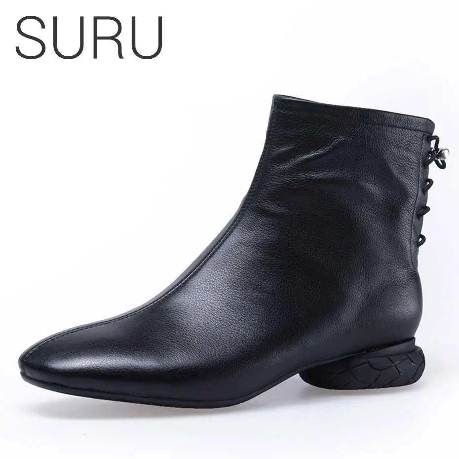 

SURU Soft Natural Leather Boots Women with Egg-shaped Heel Real Leather Black or White Ankle Boots