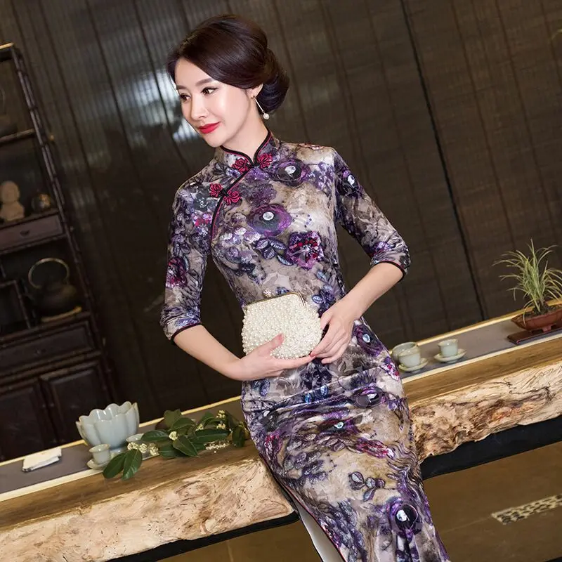 Мода китайский Стиль Для женщин долго Cheongsam новое поступление велюр элегантное платье Qipao Vestidos Размеры размеры s m l xl XXL, XXXL 993