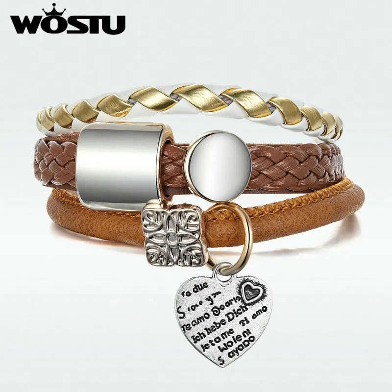 

WOSTU Hot Fashion Leather Love Handmade Bracelet Multi-layer Magnet Alloy Heart Shape Bracelet Bangle For Women Jewelry FC0357
