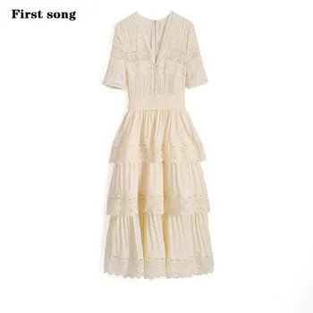 

First song vintage white lace dressNew2019 autumn V-neck lace stitching lace ruffled chiffon floral dress summer women's dress