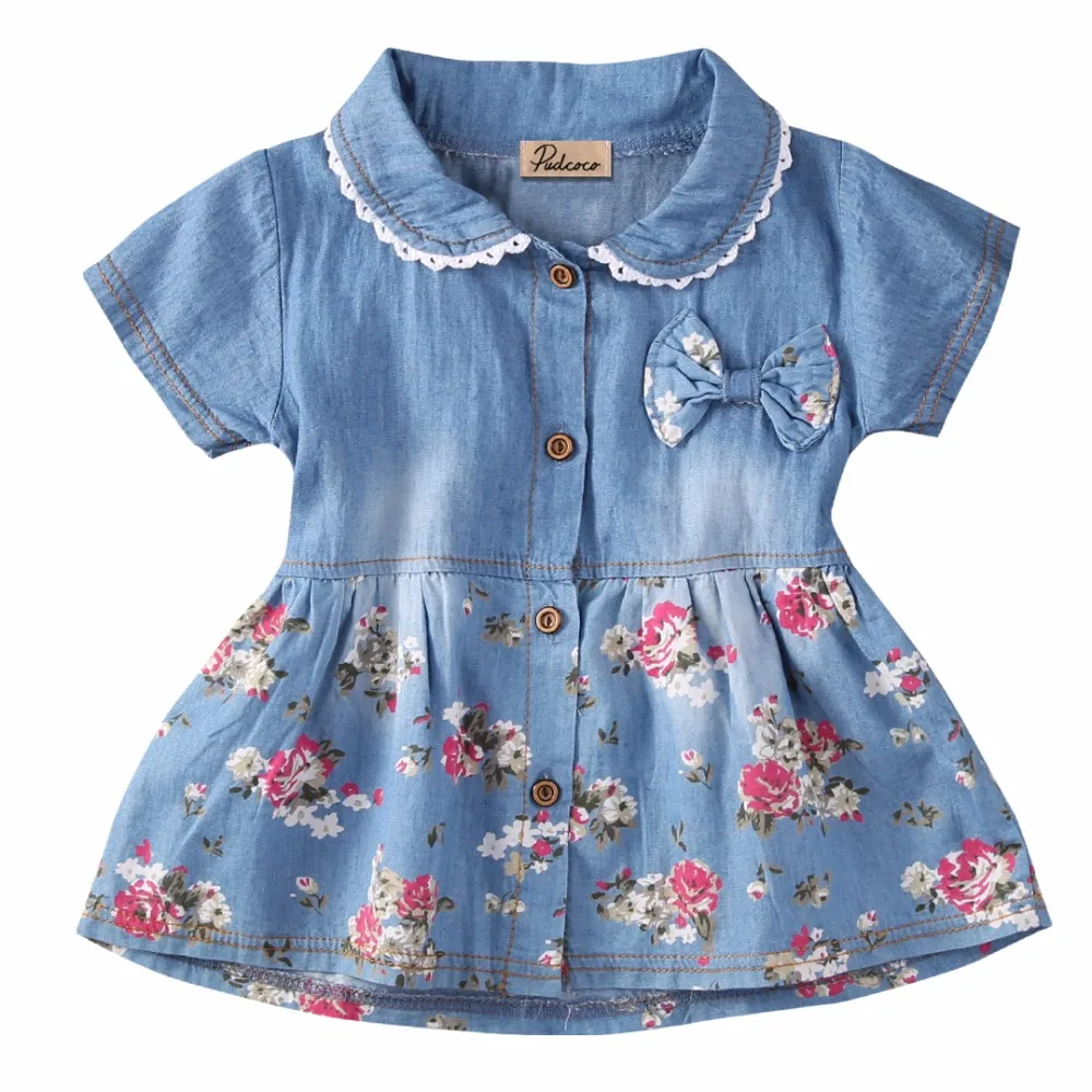 2018 Fashion Girl Summer Princess Floral Dresses Kid Baby Party Pageant Bow Denim Clothes | Детская одежда и обувь