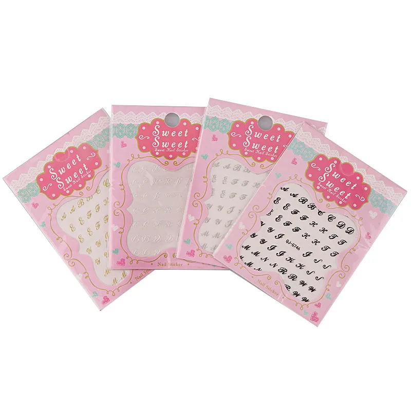 

3D Nail Sticker English Alphabet 4 Colors Black White Gold Silver Stereoscopic Nail Sticker Decoration Tools