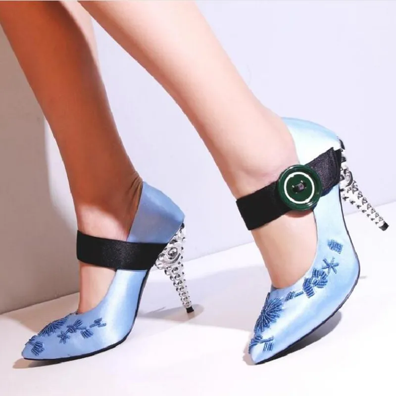 

Silk Buckle Strap Mary Janes Pumps Shoes Women Embroidery Flower Casual High Heel Shoes Bead Button Pointed Toe Shoes Women