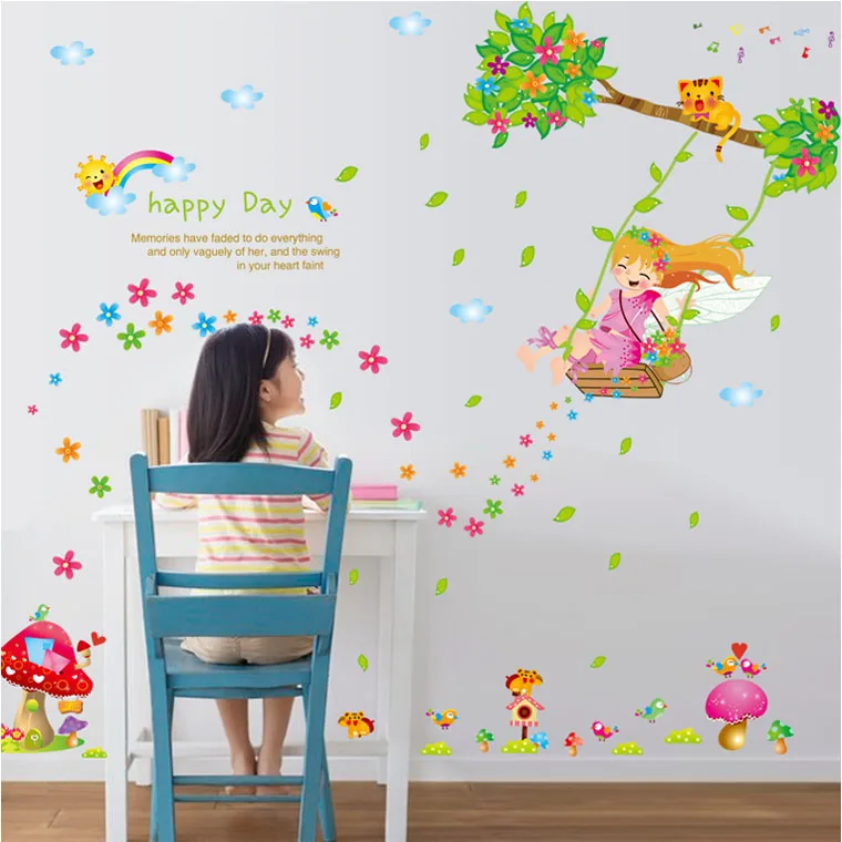 

[Fundecor] diy home decor swing Girl Wall Sticker for kids rooms nursery bedroom decorative decals vinilos infantiles