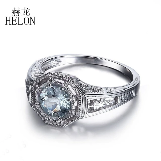 Helon 6mm Round Natural Aquamarine Ring Art Deco 925 Sterling Silver Helon 6mm Round Natural Aquamarine Ring Art Deco 925 Sterling Silver Engagement Wedding Fine Jewelry