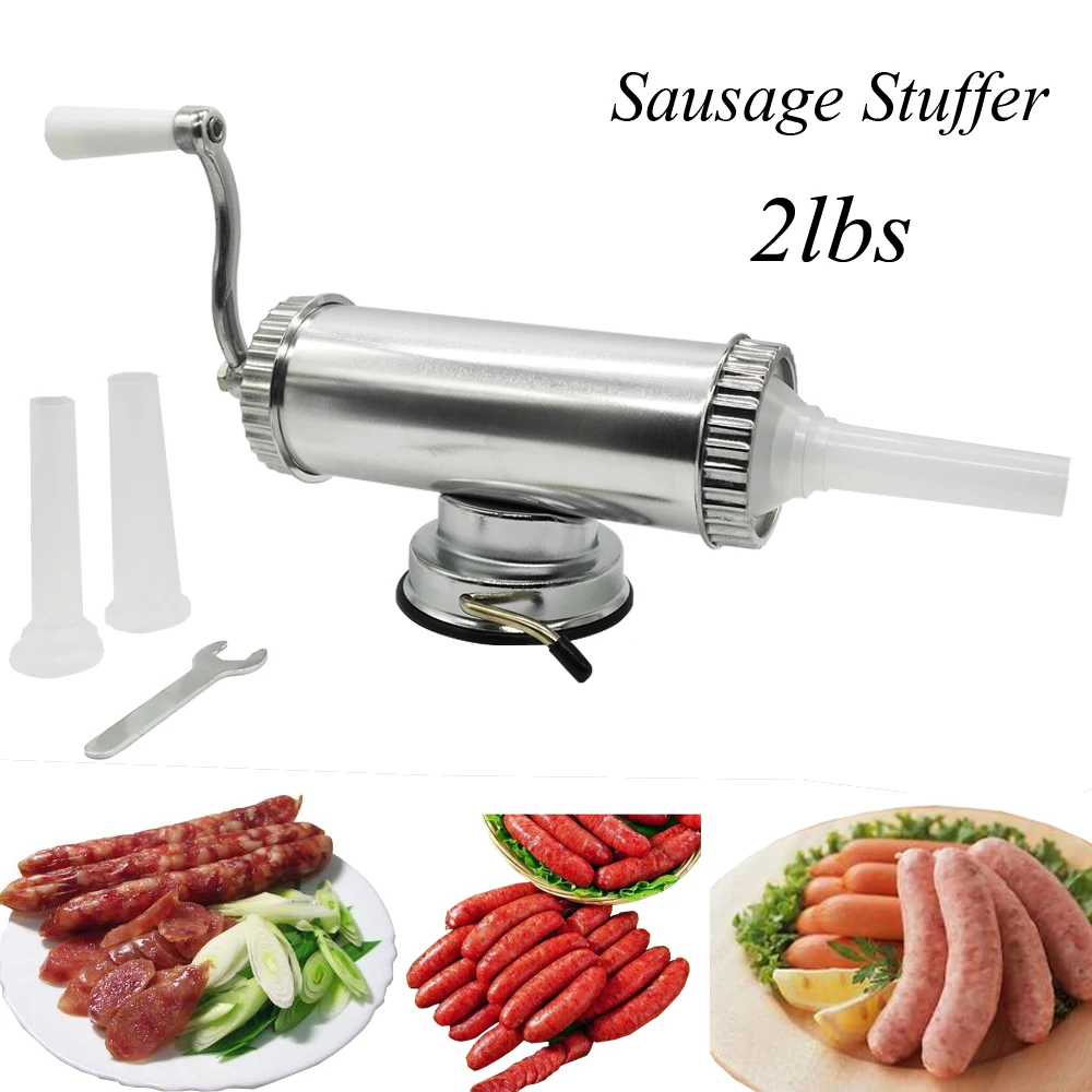 

2lbs Horizontal Manual Type Meat Sausage Stuffer making Machine Sausage Filler Salami Maker Fix Suction Filling Funnels