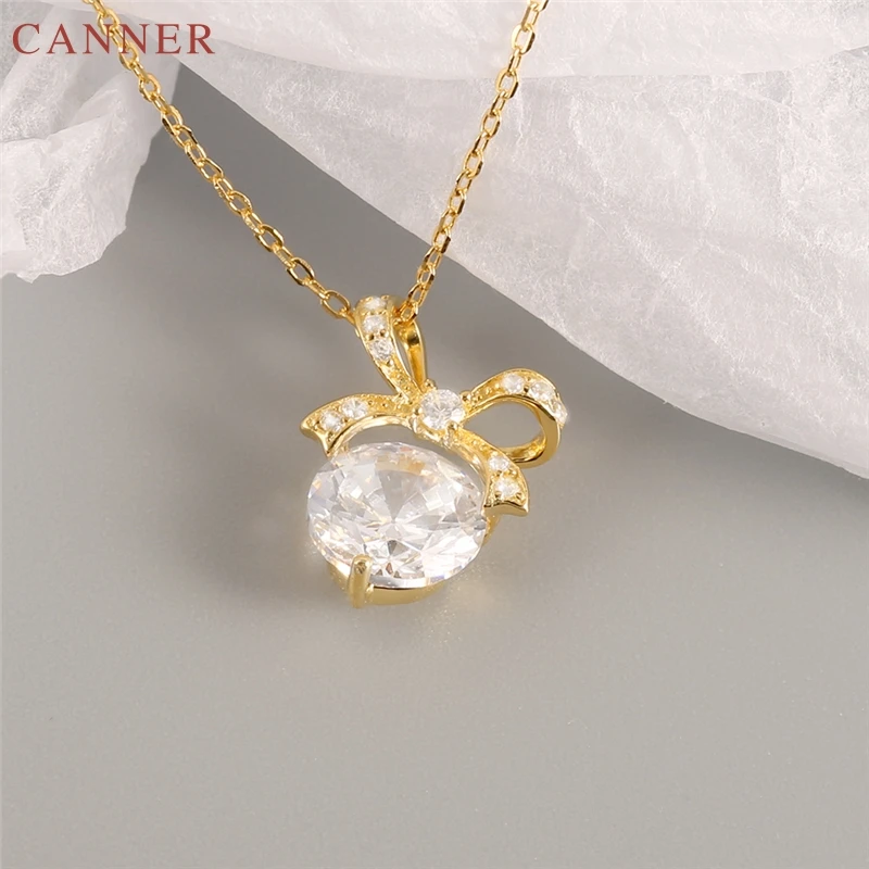 925 Sterling Silver Zircon Bownot Pendant Necklace Women Gold Chain Crystal Wedding Necklaces Jewelry Gifts collar mujer C40