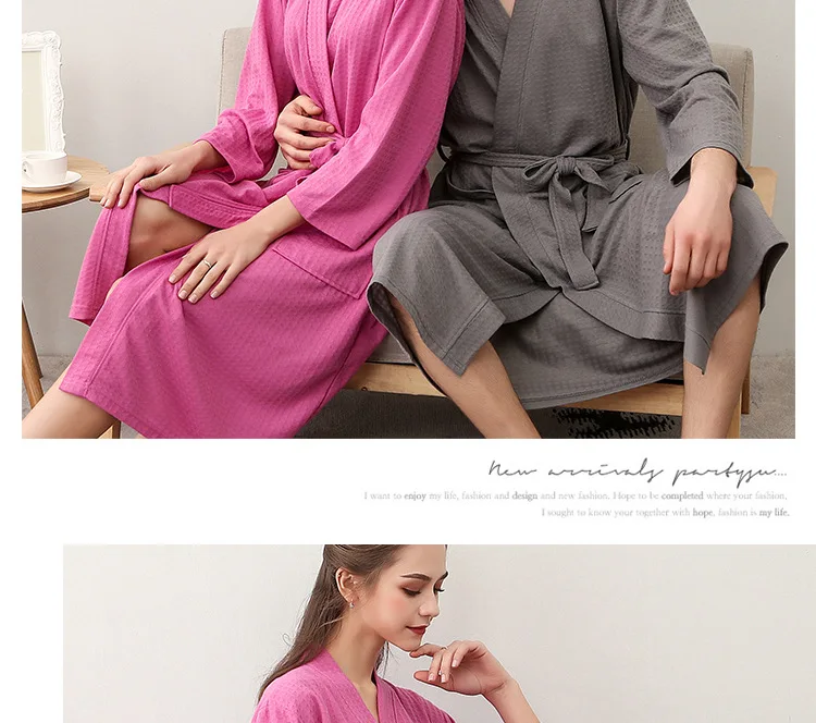 Весна XXL вафельные халаты для влюбленных пижамы женский хлопковый Халат пары длинный рукав халат женский v-образный вырез воротник халат с поясом
