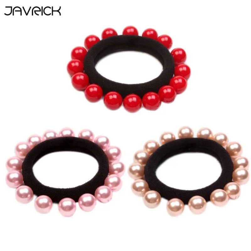 

JAVRICK Lady Traceless Towel Elastic Hair Rope Imitation Pearl Charms Glitter Donut Ponytail Holder Retro Dancing Party Bracelet