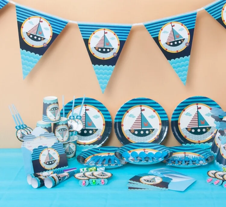 

Sailing Boat Theme paper cup napkin plate hat mask horn tablecover for Kids Birthday Party Decoration