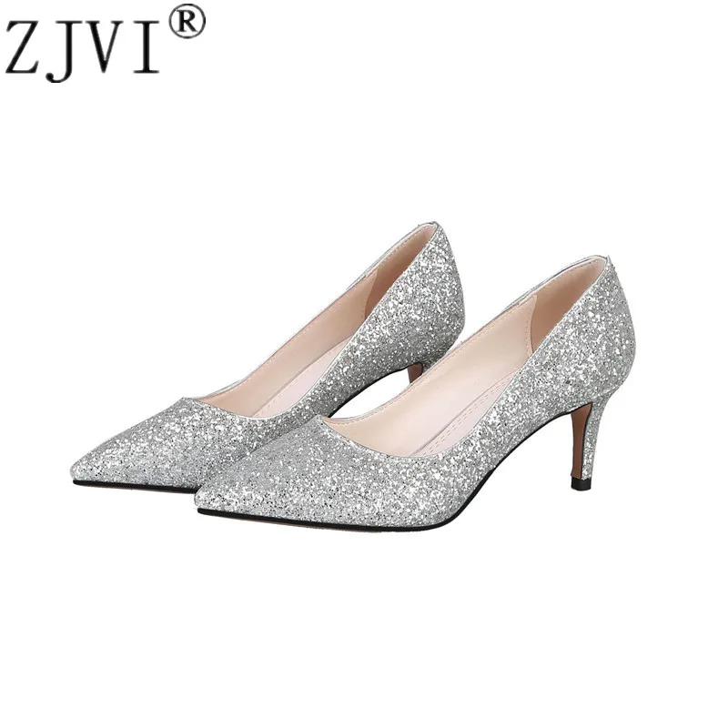 

ZJVI 2019 woman 5.5cm thin heels pumps for women pointed toe winter autumn ladies sliver red beling women party wedding shoes
