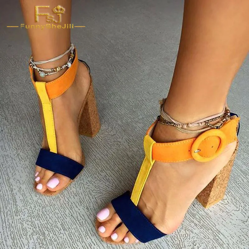

Orange and Navy T Strap Square Heels Open Toe Chunky Heel Sandals for Women Summer Party Night Club Prom Shoes Size US 4-16 FSJ