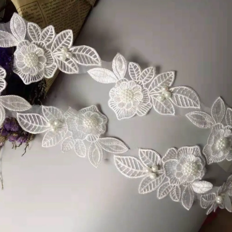 2 yards White Pearl Flower Leaf Handmade Beaded Embroidered Lace Trim Ribbon Applique Wedding Dress Sewing Craft DIY Hot