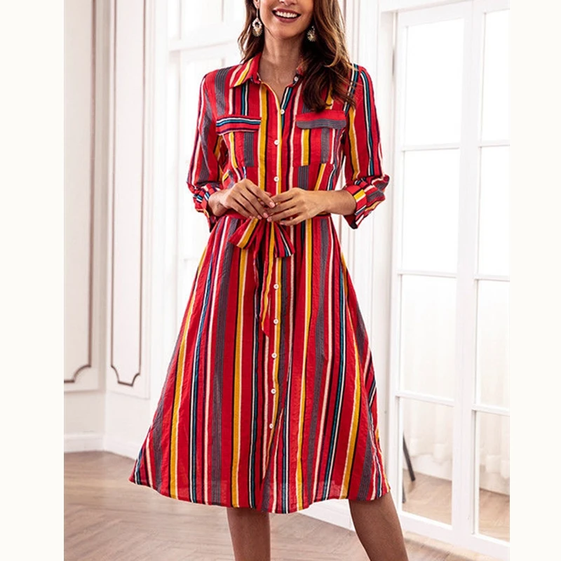 

2018 Women Colorized Rainbow Striped Shirtdress High Street Female waist Belt Lace Up Dress Ladies Vestidos Sundress Clubwear