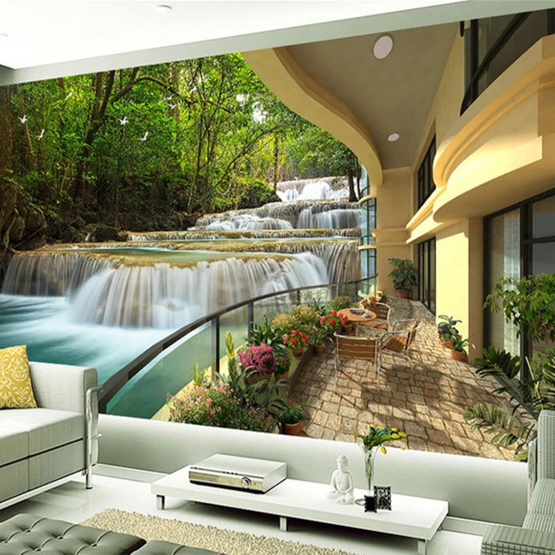 Custom 3D Mural Wallpaper Balcony Forest Waterfall Resort Landscape Photo Wall Mural Living Room TV Sofa Backdrop Papel Tapiz 3D custom photo wallpaper balcony forest landscape murals for the living room bedroom tv background wall waterproof papel de parede