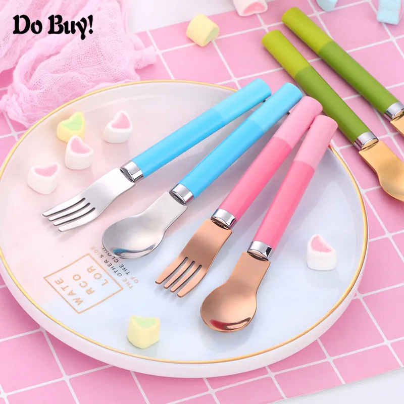 

Childrens Tableware Set Stainless Steel With Plastic Handle Fork Spoon Portable Cutlery Western Food Set For Kid