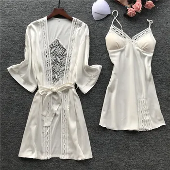 

Spring and summer ladies sexy sling robe with chest pad silk long-sleeved pyjamas two-piece suit homewear female sleepwear