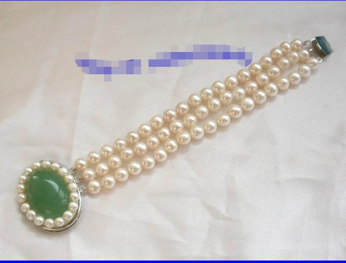 

Fast shipping stunning 3rows 9mm round white freshwater pearls bracelet g150