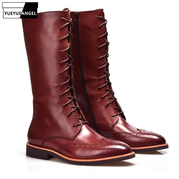 

Runway Mens Knee High Knight Boots Luxury Cow Real Leather Motorcycle Biker Safety Shoes Winter Brogues Lace Up Military Boots