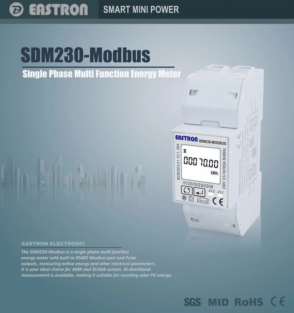 SDM230 Modbus 220/230 В однофазный счетчик энергии, двойной DIN модуль, двунаправленный, многофункциональный, RS485/Modbus выход не MID