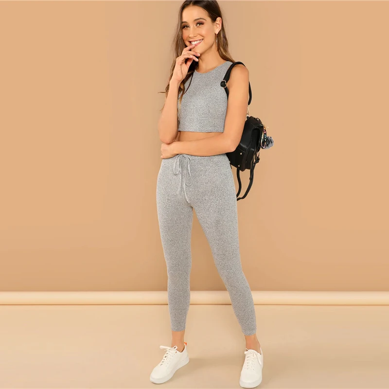 SweatyRocks, ТРИКОТАЖНЫЙ УКОРОЧЕННЫЙ ТОП на бретелях и леггинсы, комплект спортивной одежды, облегающая одежда, весна, Женский повседневный комплект из 2 предметов для тренировок