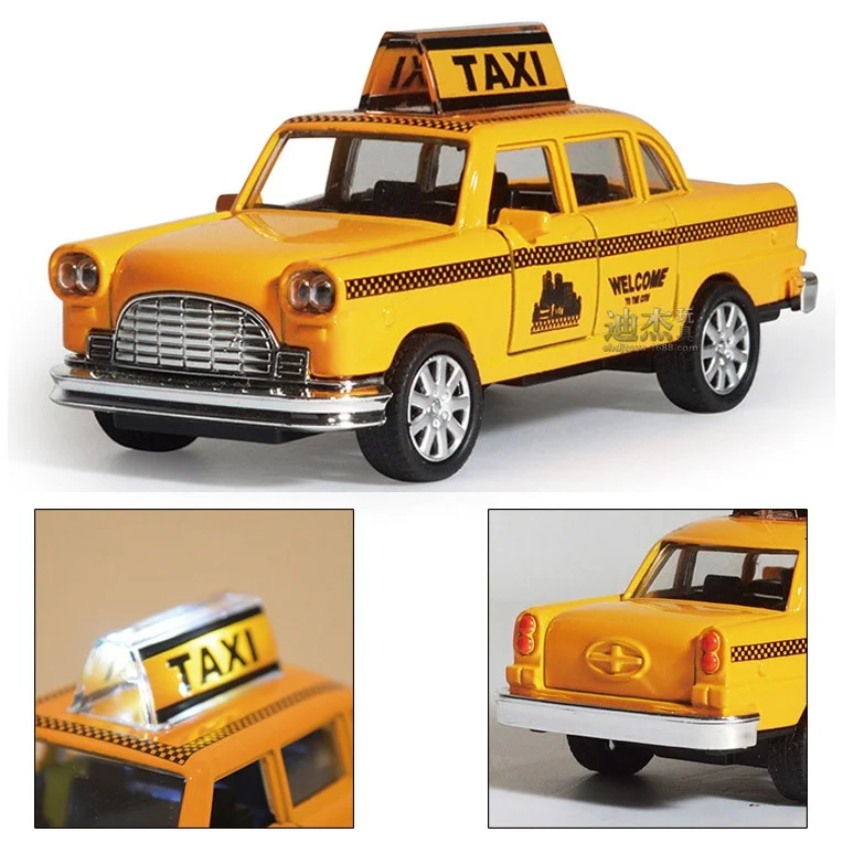 Yellow classic taxi with *Bright light & Sound* New York City Die Cast Metal car