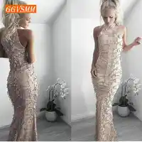 Sexy Gold Mermaid Long Prom dresses 2019 Club Prom Dress High Neck Tulle Embroidery Sequined Women Formal Evening Party Gown New