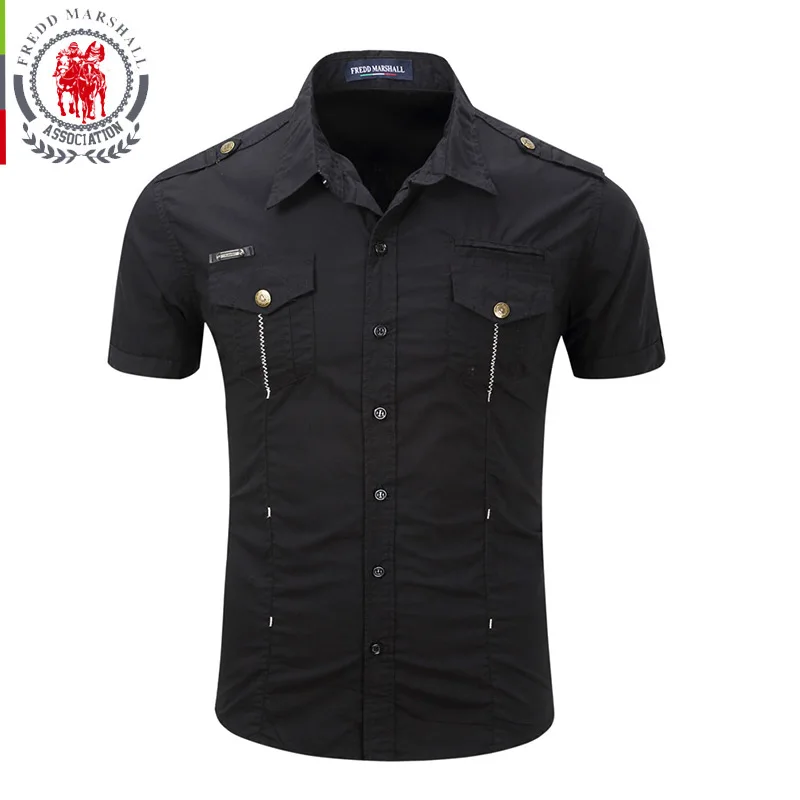 

FREDD MARSHALL 100% Cotton koszula Mens Shirts Casual Short Sleeve Pockets Slim Fit Men Shirt Camisa masculina para hombre 55888