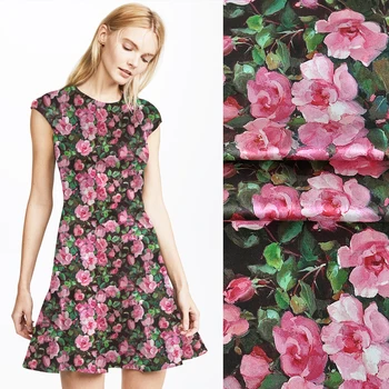 

Love Rose Print Flower Silk Fabric Elastic Satin Dress Material 1 Meter