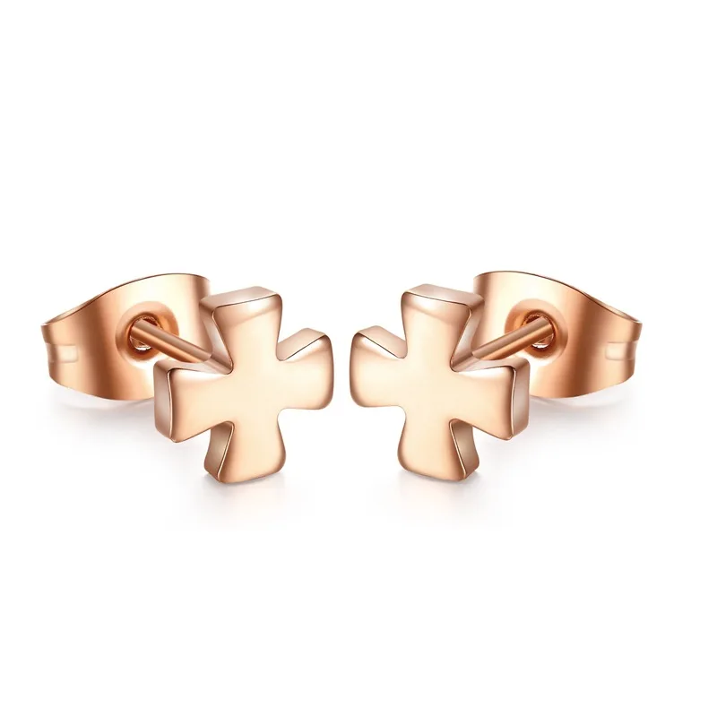 

Vintage Medical Stainless Steel Jewelry Rose Gold Color Succinct Cross Stud Earrings for Woman High Polish Smooth Earring