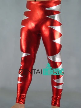 

Free Shipping Sexy Shiny Metallic Red And Silver Long Pants Dress Up Fancy Tights Gym Pants Fantasia Trousers AXM158