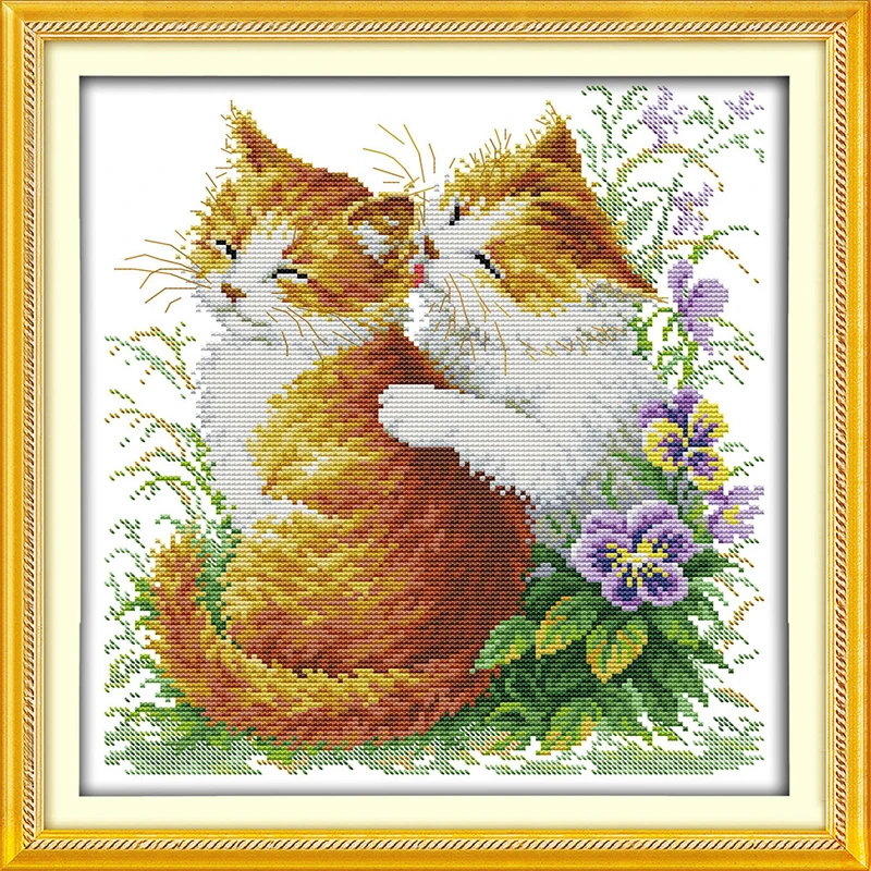 Lovely Kissing Cats Cross Stitch Kits Printed On Canvas Dmc 14ct 11ct
