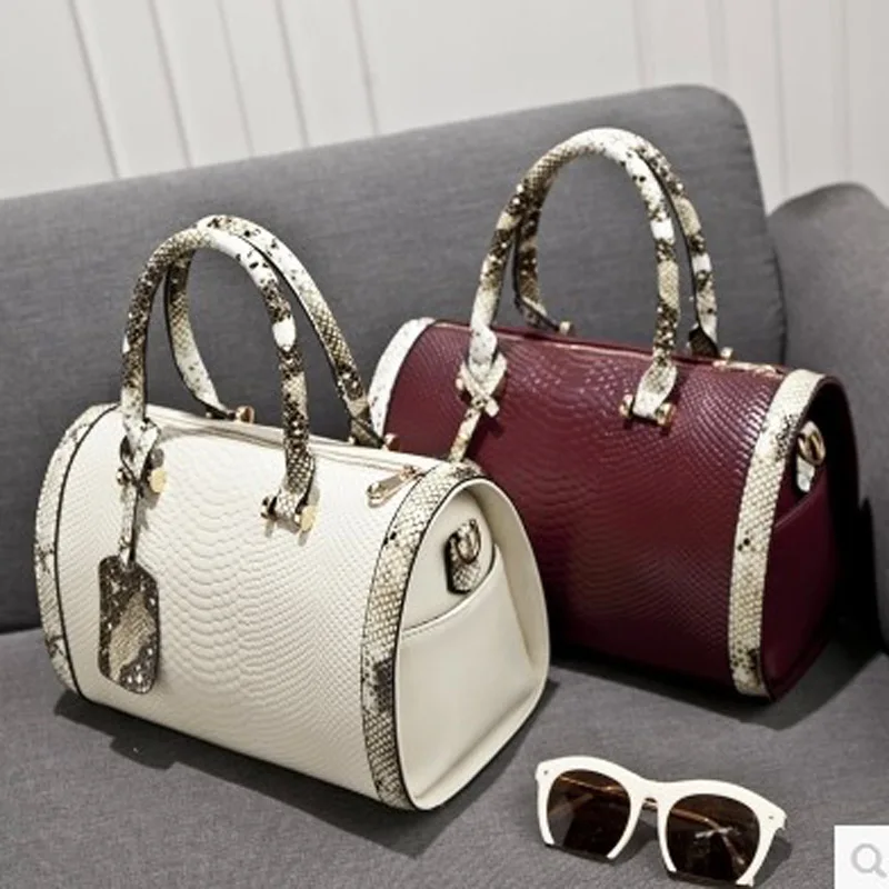 Barrel Shaped Women Handbag Alligator PU Leather Shoulder Tote Bag