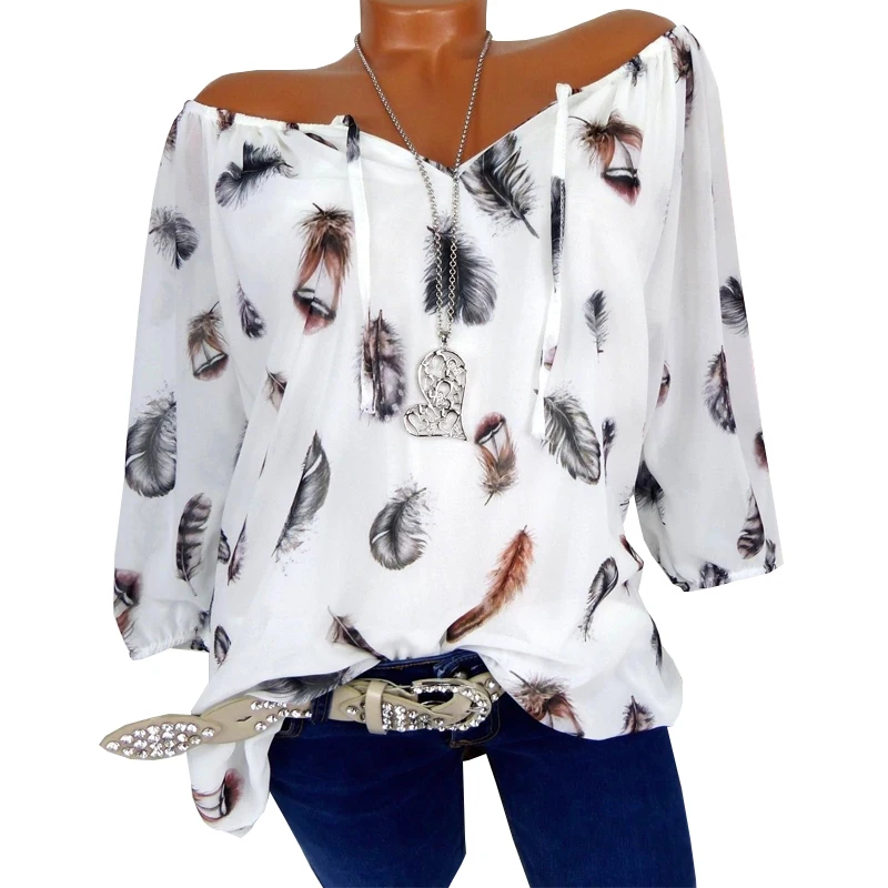 Plus Size 5XL Women Tops and Blouses 2019 Spring Casual Long Sleeve Print Off Shoulder Chiffon Blouse Female Loose Shirts |
