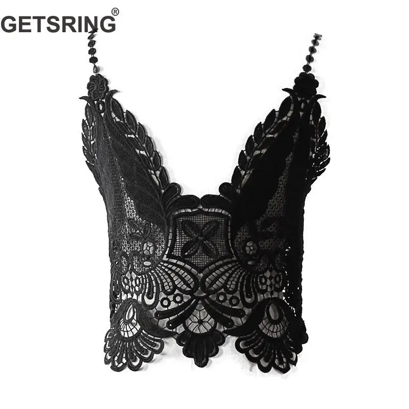 

GETSRING Woman Tank Hollowed Out White Backless Top V Neck Sling Sexy Short Tops Black Lace Top Sexy Waistcoat Summer Tops 2018